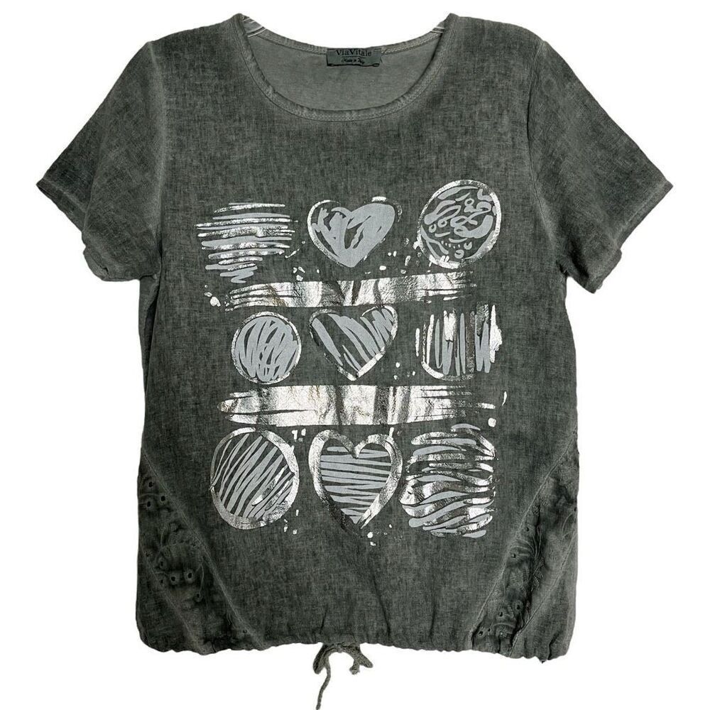 Via Vitale Cotton Linen Gauze Top Womens Small Eyelet Drawstring Hem Foil Hearts